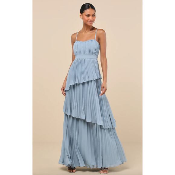 Lulus Jehona Dusty Blue Pleated Tiered Maxi Dress Long Formal A Line Small NWT - Picture 1 of 12